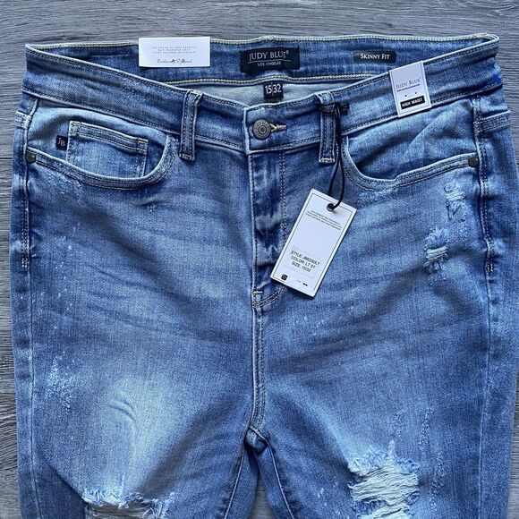 JUDY BLUE Jeans SIZE 15 / 32 High Waist SKINNY FIT Destroyed Raw Hem Stretch NWT - Picture 2 of 7